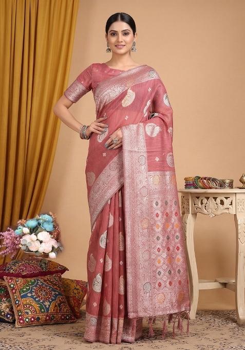 Peach Zari Work Linen Saree Set