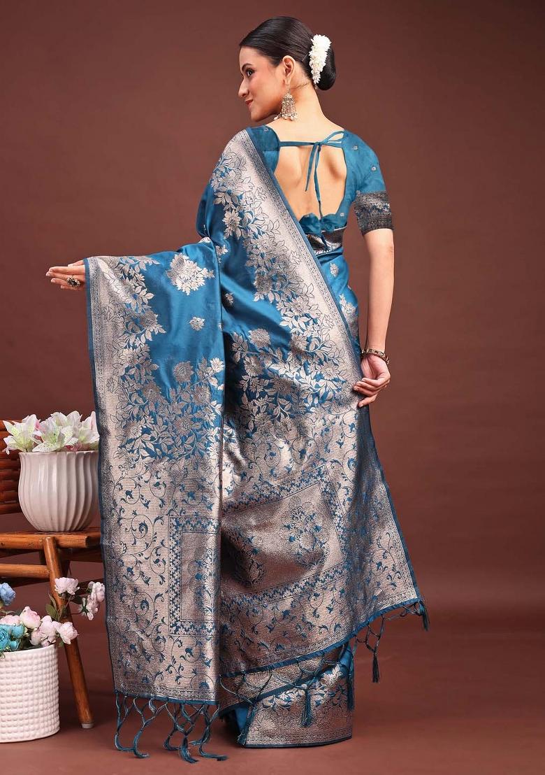 Blue Zari Work Silk Saree Set - Indya