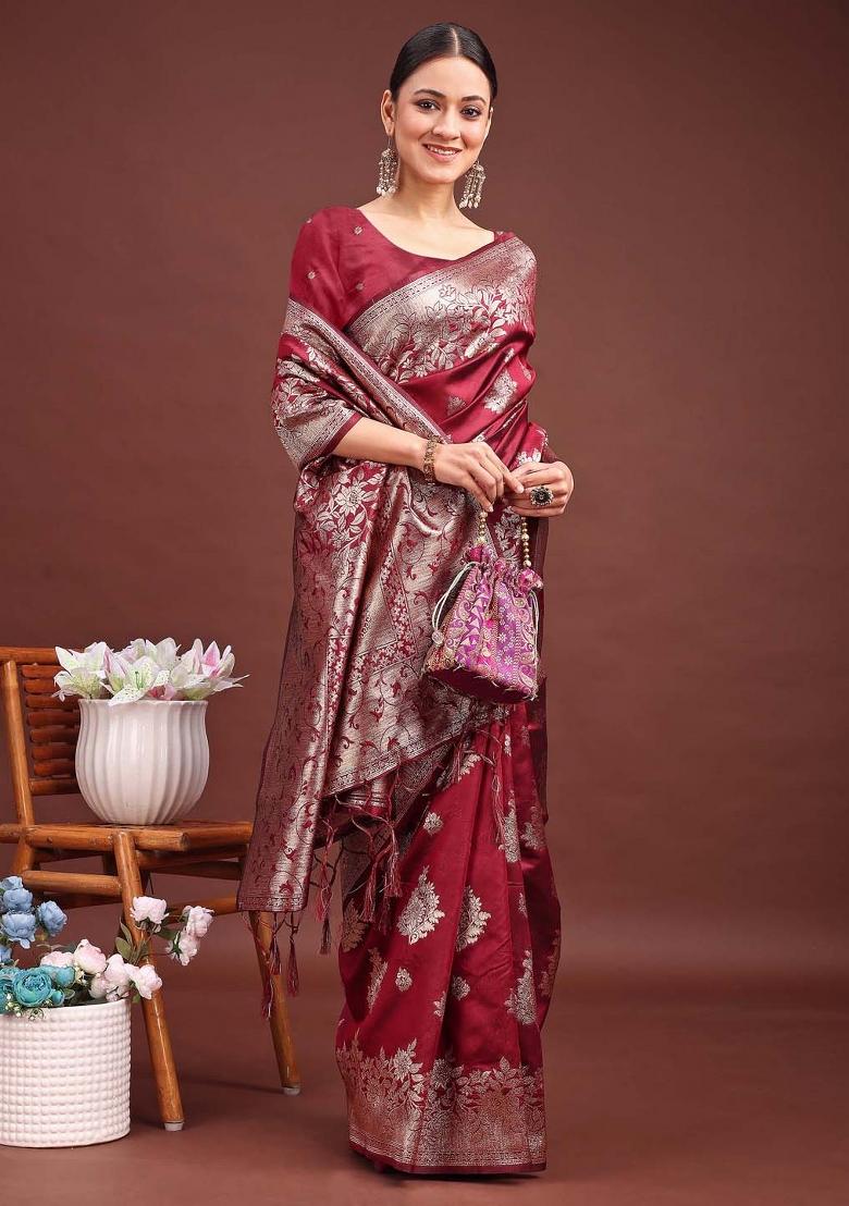 Maroon Zari Work Silk Saree Set - Indya