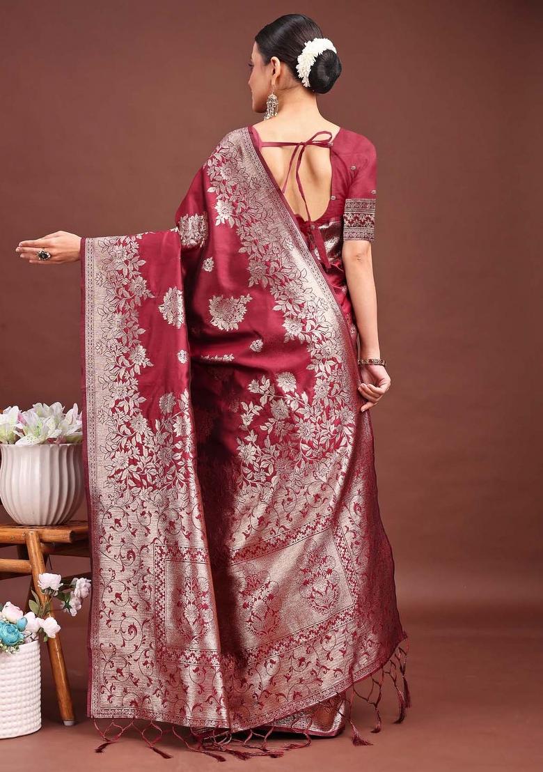 Maroon Zari Work Silk Saree Set - Indya