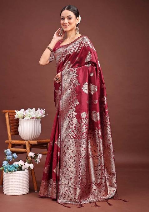 Maroon Zari Work Silk Saree Set
