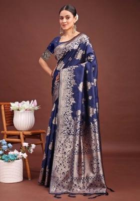 Navy Blue Zari Work Silk Saree Set