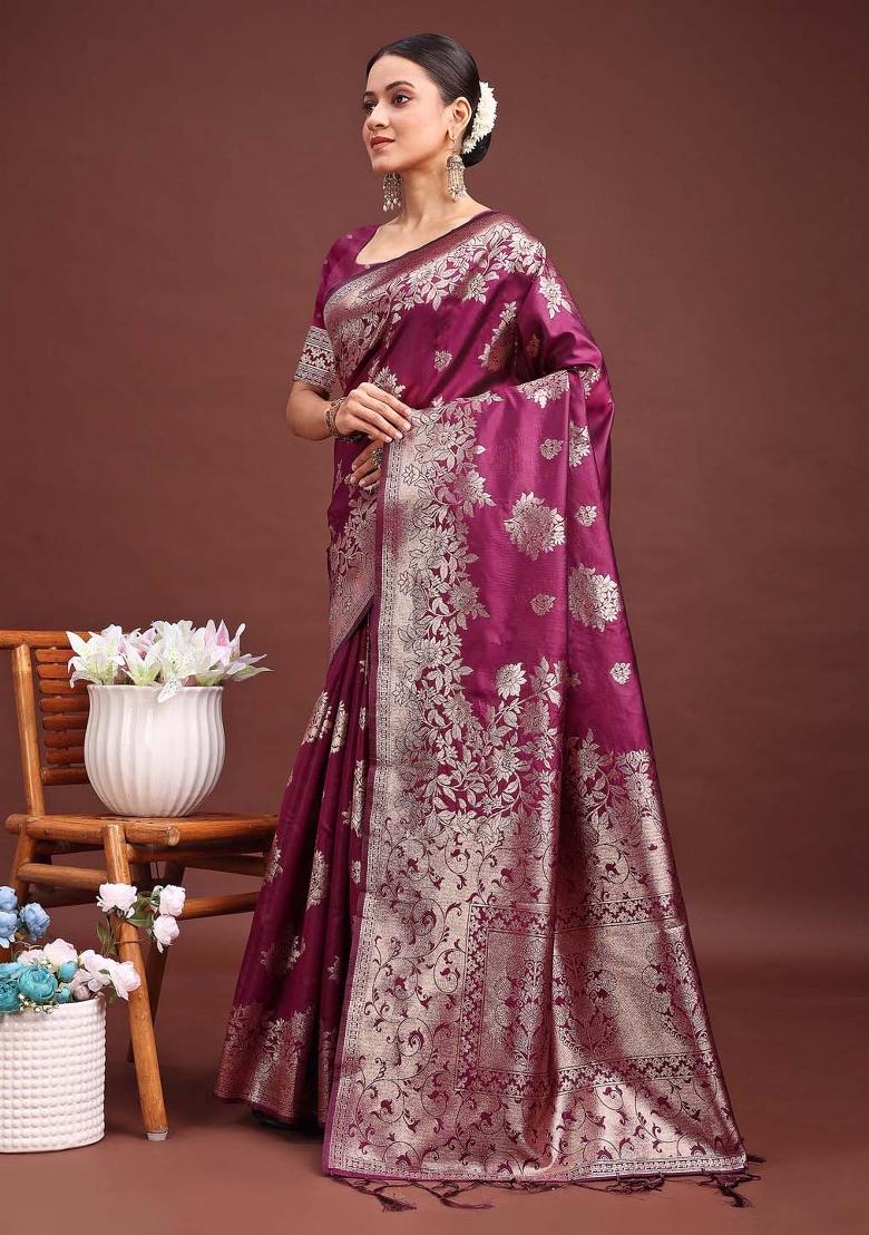 Purple Zari Work Silk Saree Set - Indya