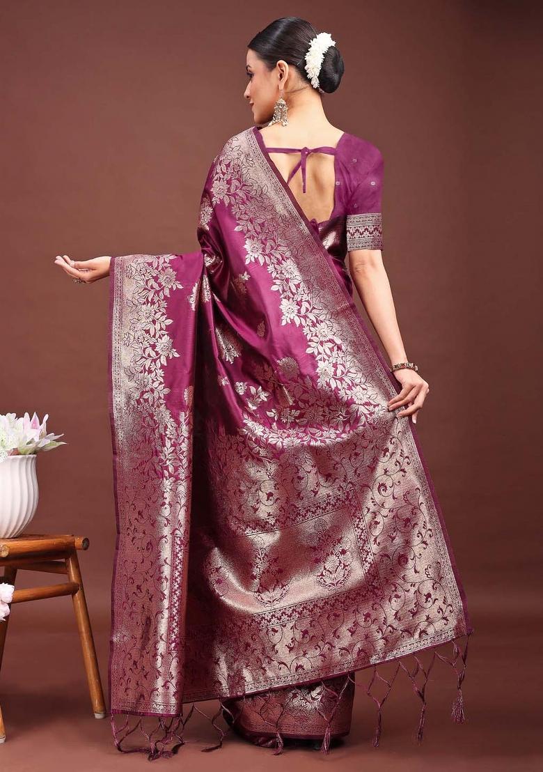 Purple Zari Work Silk Saree Set - Indya
