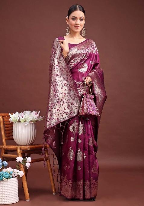 Purple Zari Work Silk Saree Set