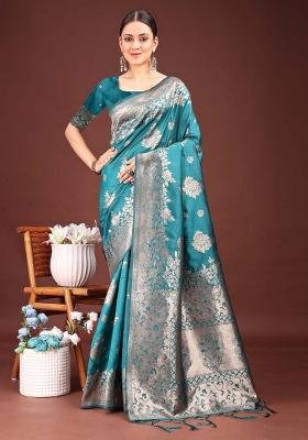 Turquoise Zari Work Silk Saree Set