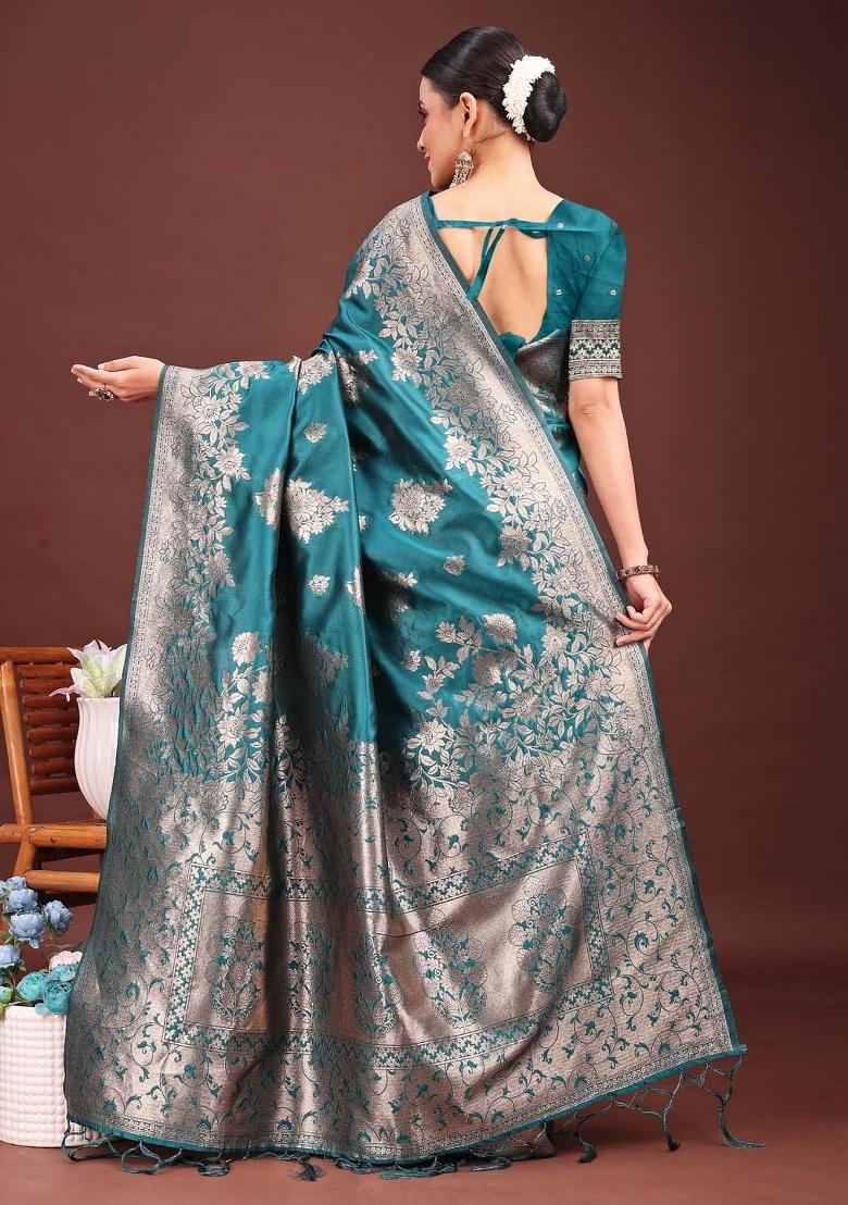Turquoise Zari Work Silk Saree Set - Indya