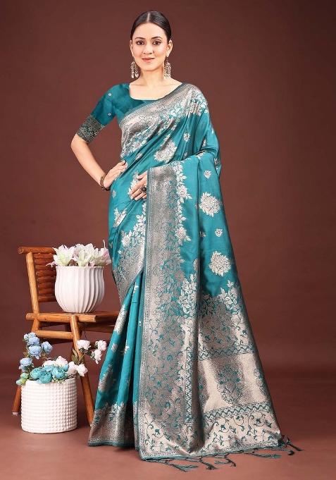 Turquoise Zari Work Silk Saree Set — view on Indya