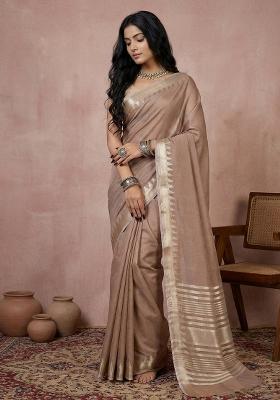 Brown Zari Work Cotton Saree Set