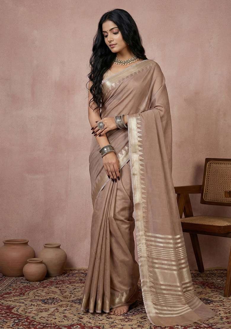 Brown Cotton Saree Set with Zari Work for Diwali | Wedding & Festive Wear - Indya