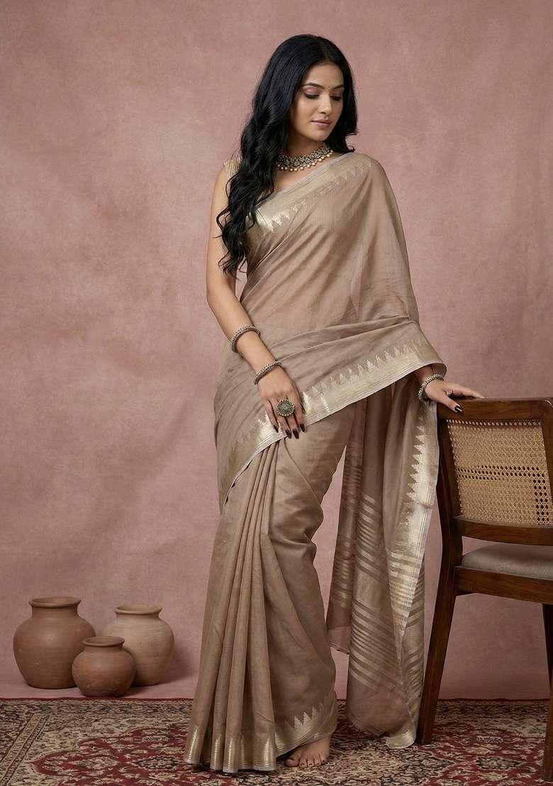 Brown Cotton Saree Set with Zari Work for Diwali | Wedding & Festive Wear - Indya