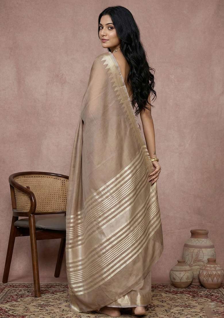 Brown Cotton Saree Set with Zari Work for Diwali | Wedding & Festive Wear - Indya