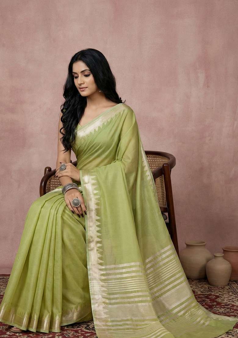Green Cotton Saree Set with Zari Work for Diwali | Wedding & Festive Wear - Indya