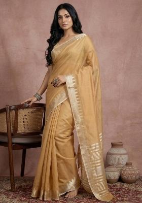 Mustard Zari Work Cotton Saree Set
