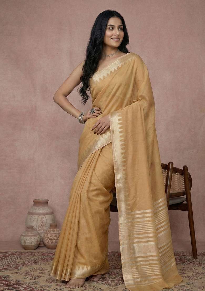 Mustard Cotton Saree Set with Zari Work for Diwali | Wedding & Festive Wear - Indya