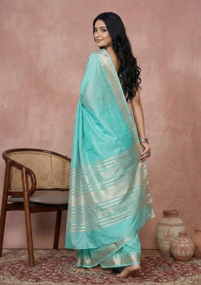 Blue Cotton Saree Set with Zari Work for Diwali | Wedding & Festive Wear - Indya