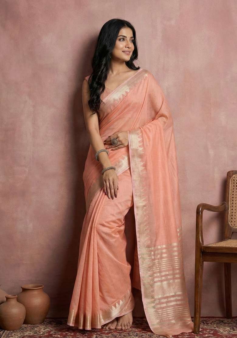 Peach Zari Work Cotton Saree Set for Diwali and Festive Wear - Indya