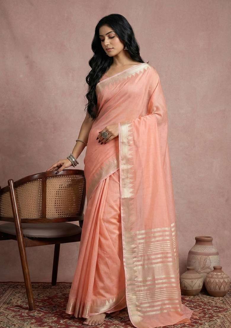 Peach Zari Work Cotton Saree Set for Diwali and Festive Wear - Indya