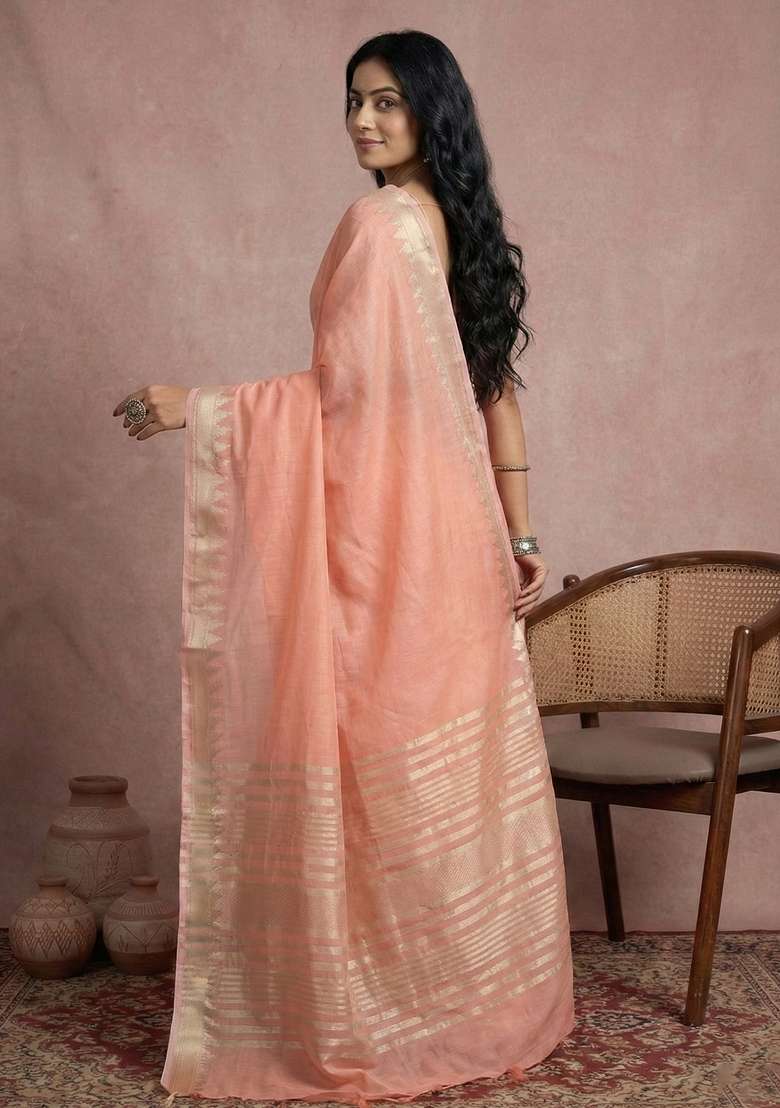 Peach Zari Work Cotton Saree Set for Diwali and Festive Wear - Indya