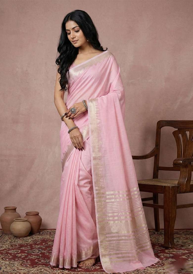 Pink Cotton Saree Set with Zari Work for Diwali | Wedding & Festive Wear - Indya