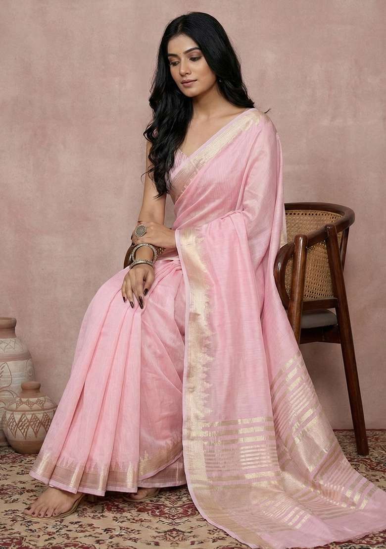 Pink Cotton Saree Set with Zari Work for Diwali | Wedding & Festive Wear - Indya