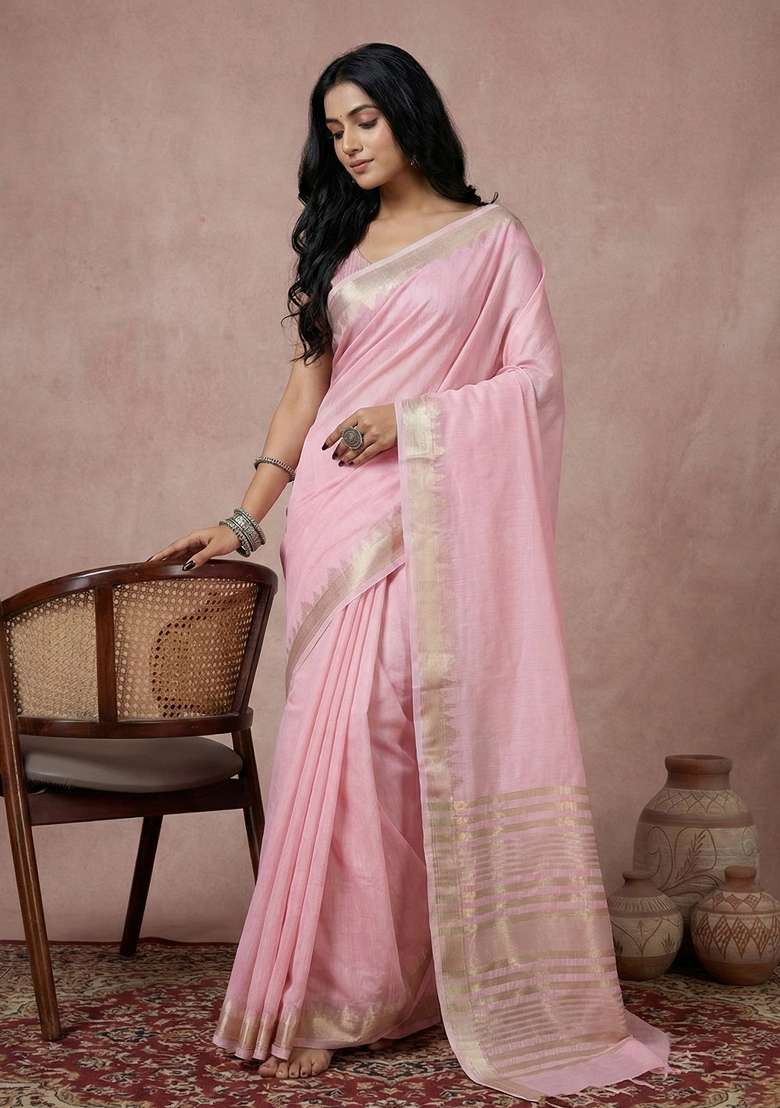Pink Cotton Saree Set with Zari Work for Diwali | Wedding & Festive Wear - Indya