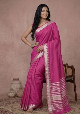 Rani Pink Zari Work Cotton Saree Set