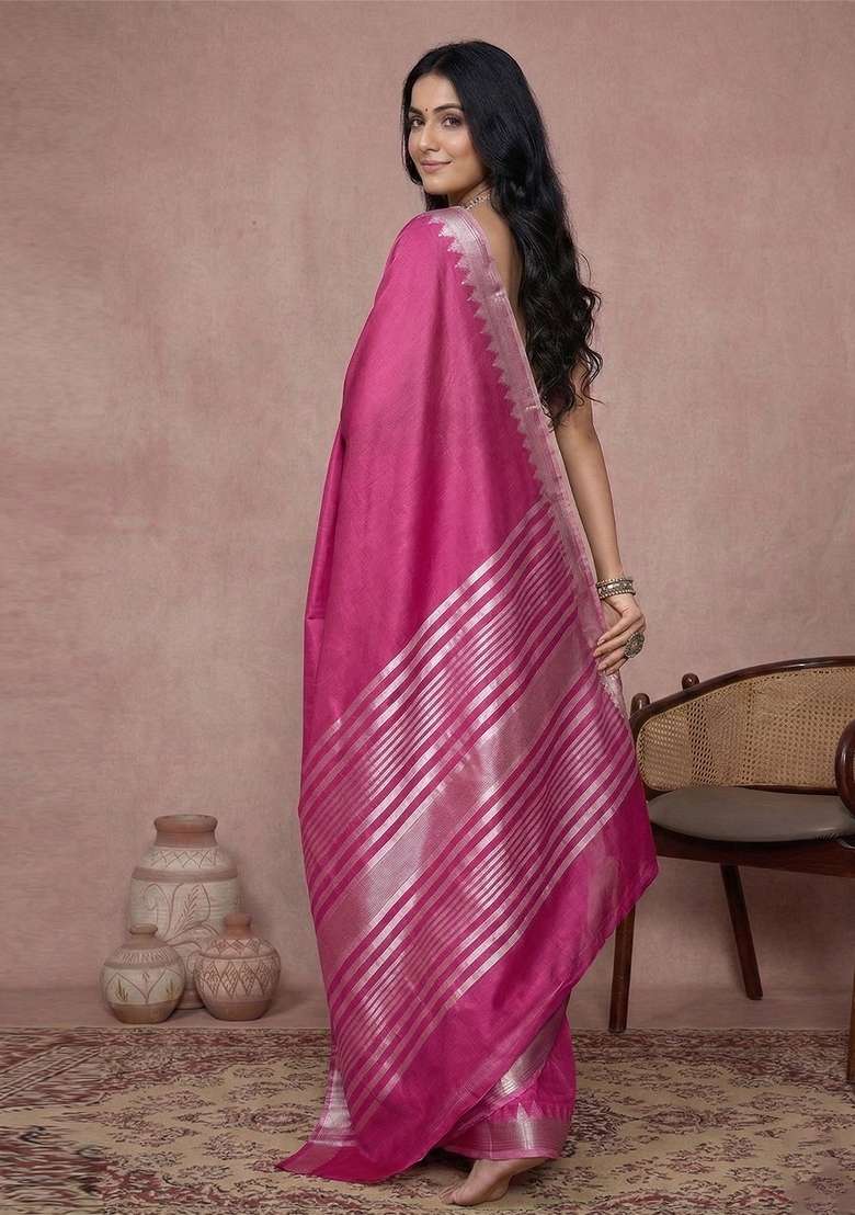 Rani Pink Zari Work Cotton Saree Set for Diwali and Festive Wear - Indya
