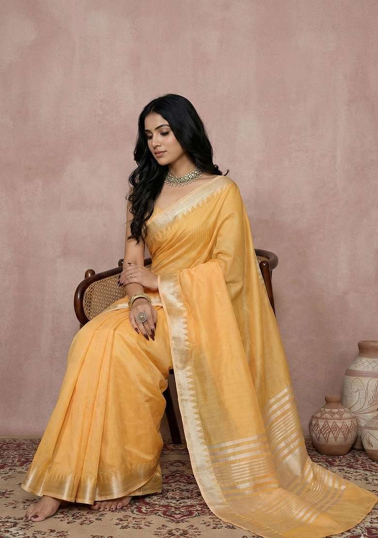 Yellow Cotton Saree Set with Zari Work for Diwali | Wedding & Festive Wear - Indya