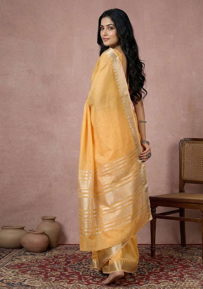 Yellow Cotton Saree Set with Zari Work for Diwali | Wedding & Festive Wear - Indya
