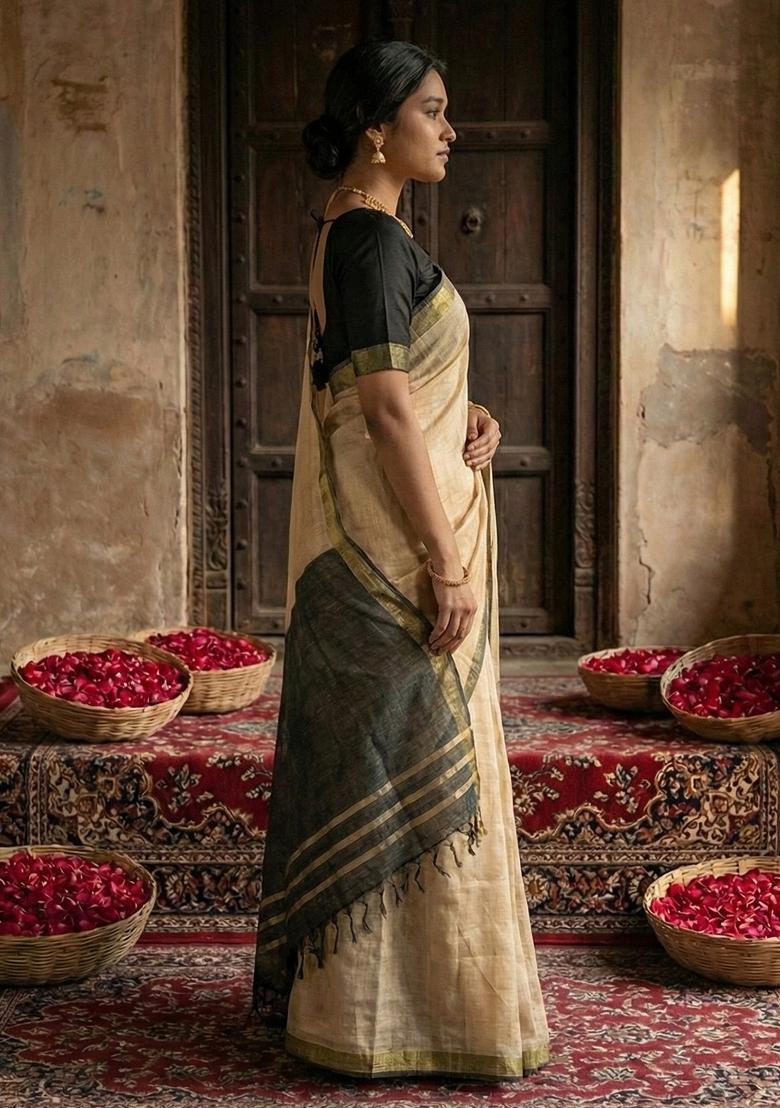 Cream Printed Cotton Saree Set - Indya