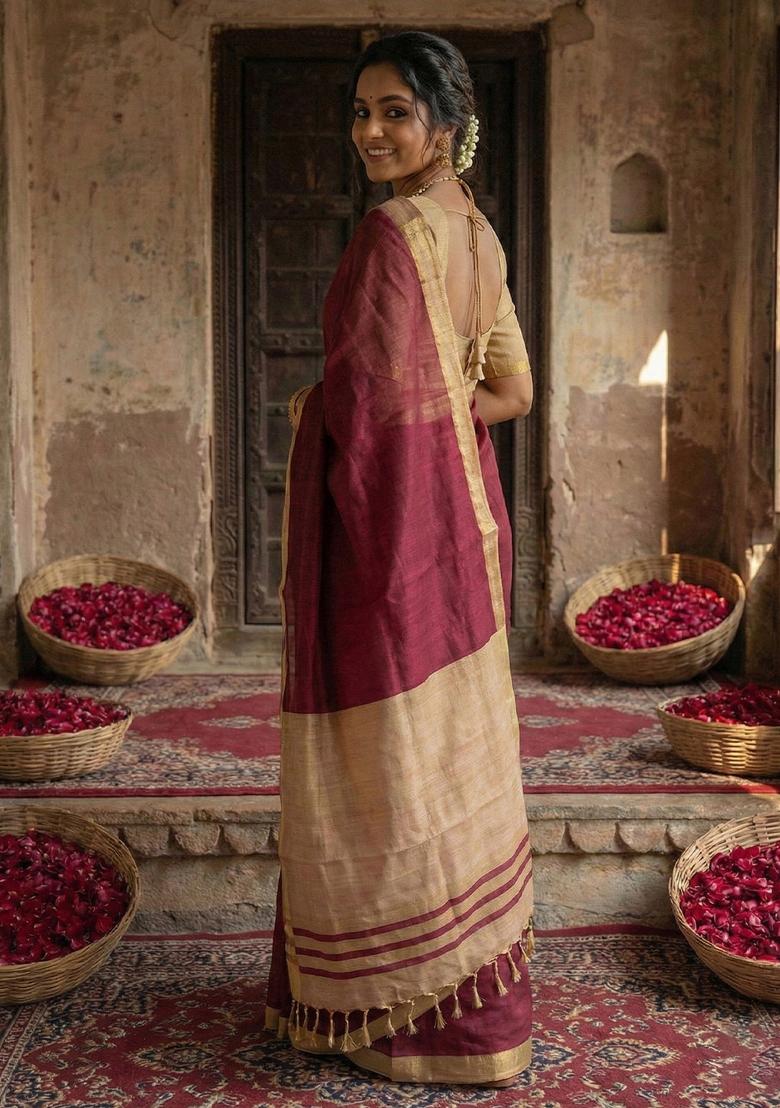 Maroon Printed Cotton Saree Set - Indya