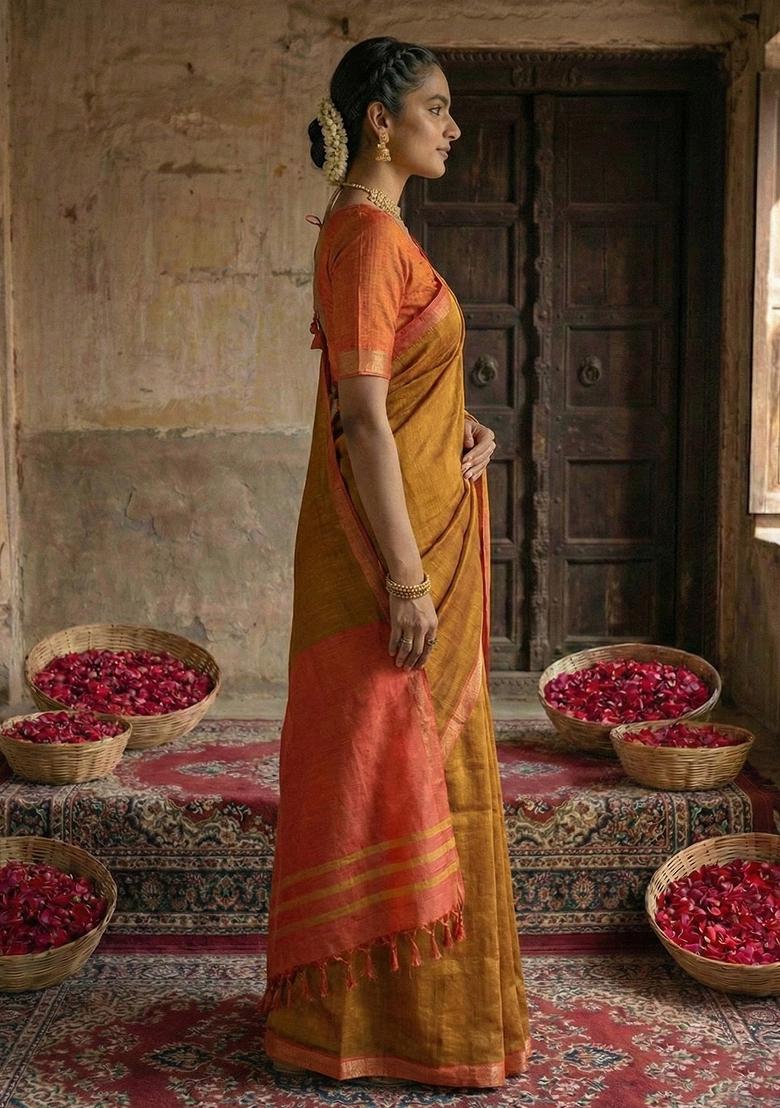 Mustard Printed Cotton Saree Set - Indya