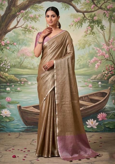 Brown Zari Work Tissue Saree Set — view on Indya