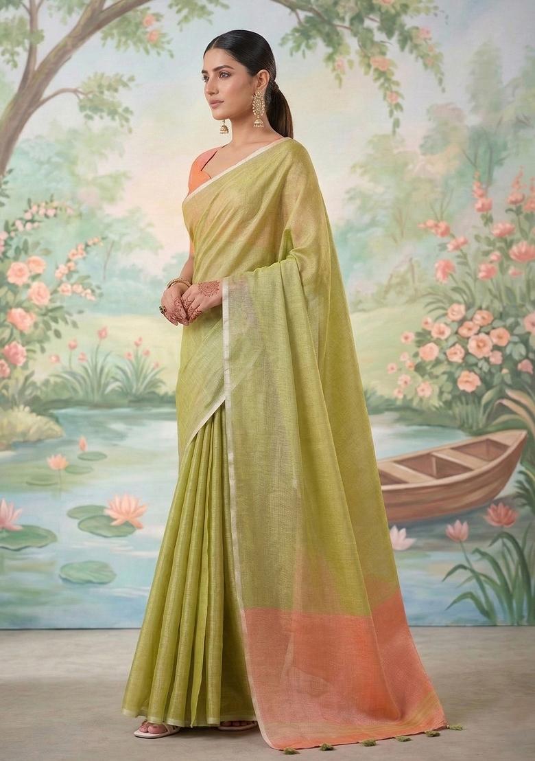 Green Zari Work Tissue Saree Set - Indya
