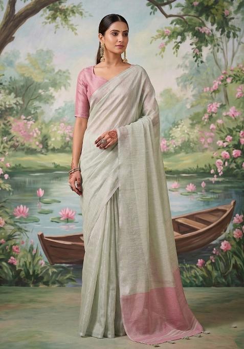 Grey Zari Work Tissue Saree Set