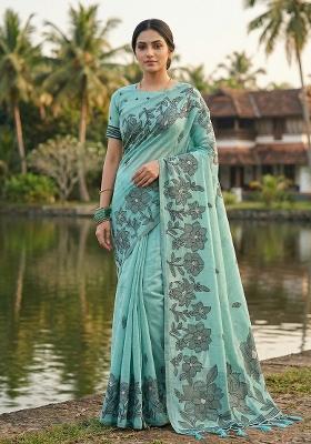 Blue Floral Print Linen Saree Set