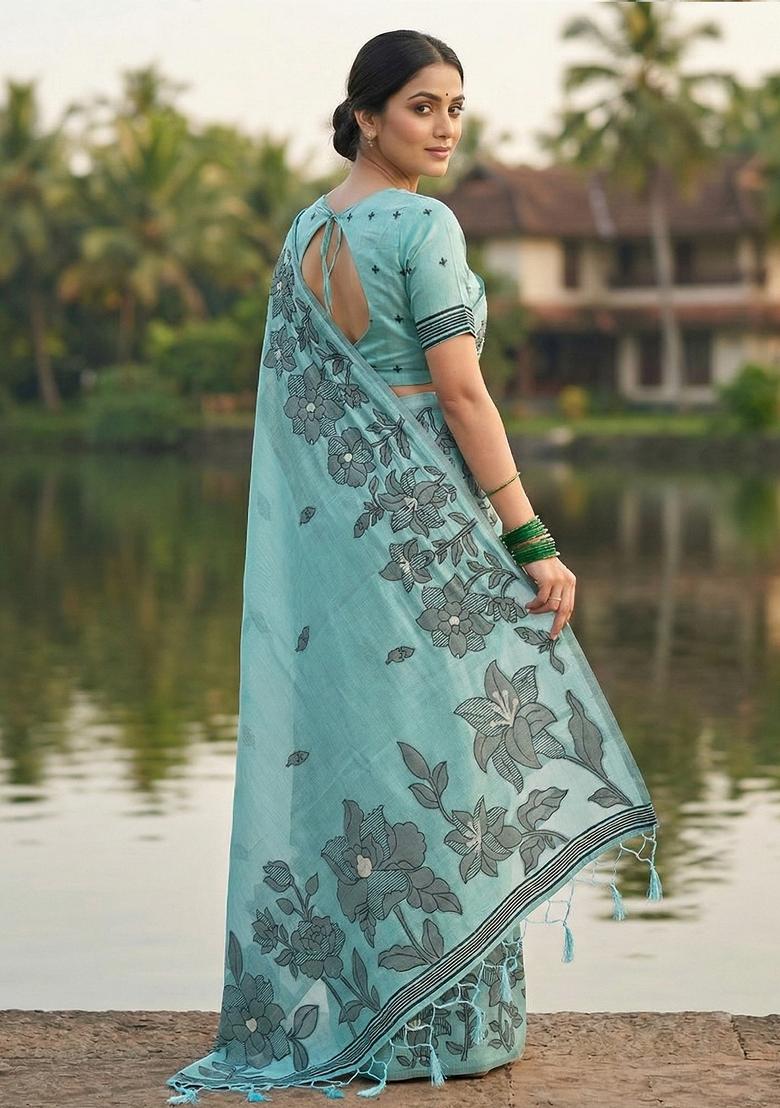 Blue Floral Print Linen Saree Set - Indya