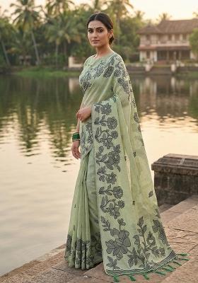 Green Floral Print Linen Saree Set