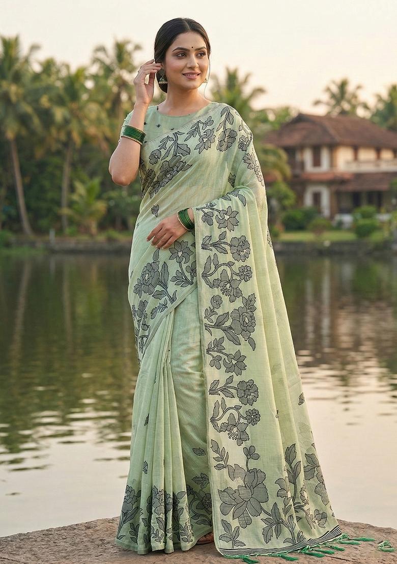 Green Floral Print Linen Saree Set - Indya