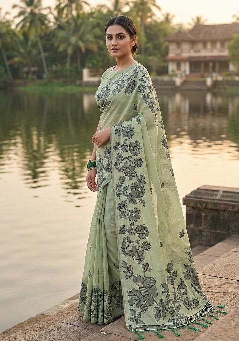 Green Floral Print Linen Saree Set — view on Indya