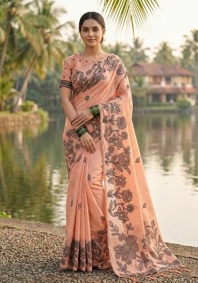 Peach Floral Print Linen Saree Set