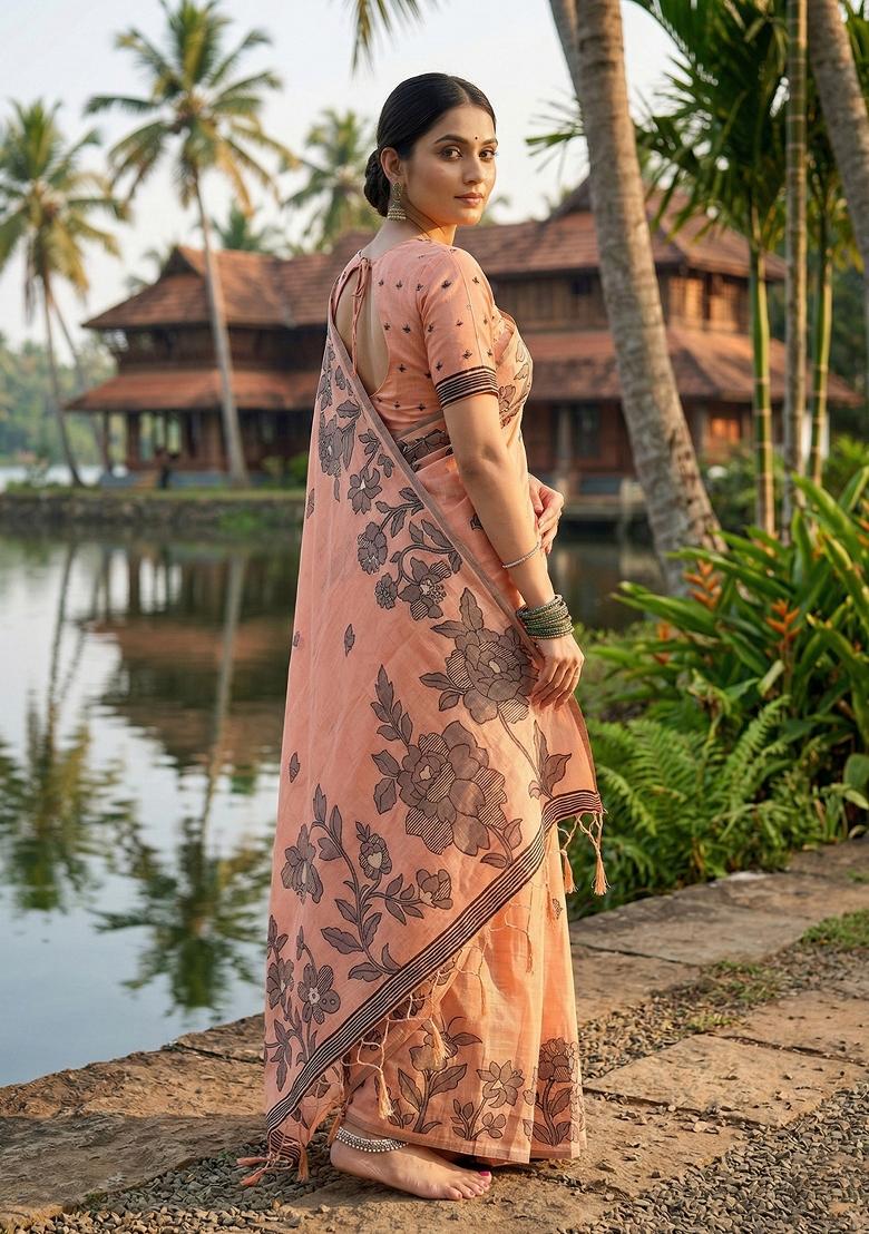 Peach Floral Print Linen Saree Set - Indya
