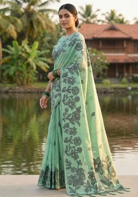 Turquoise Floral Print Linen Saree Set