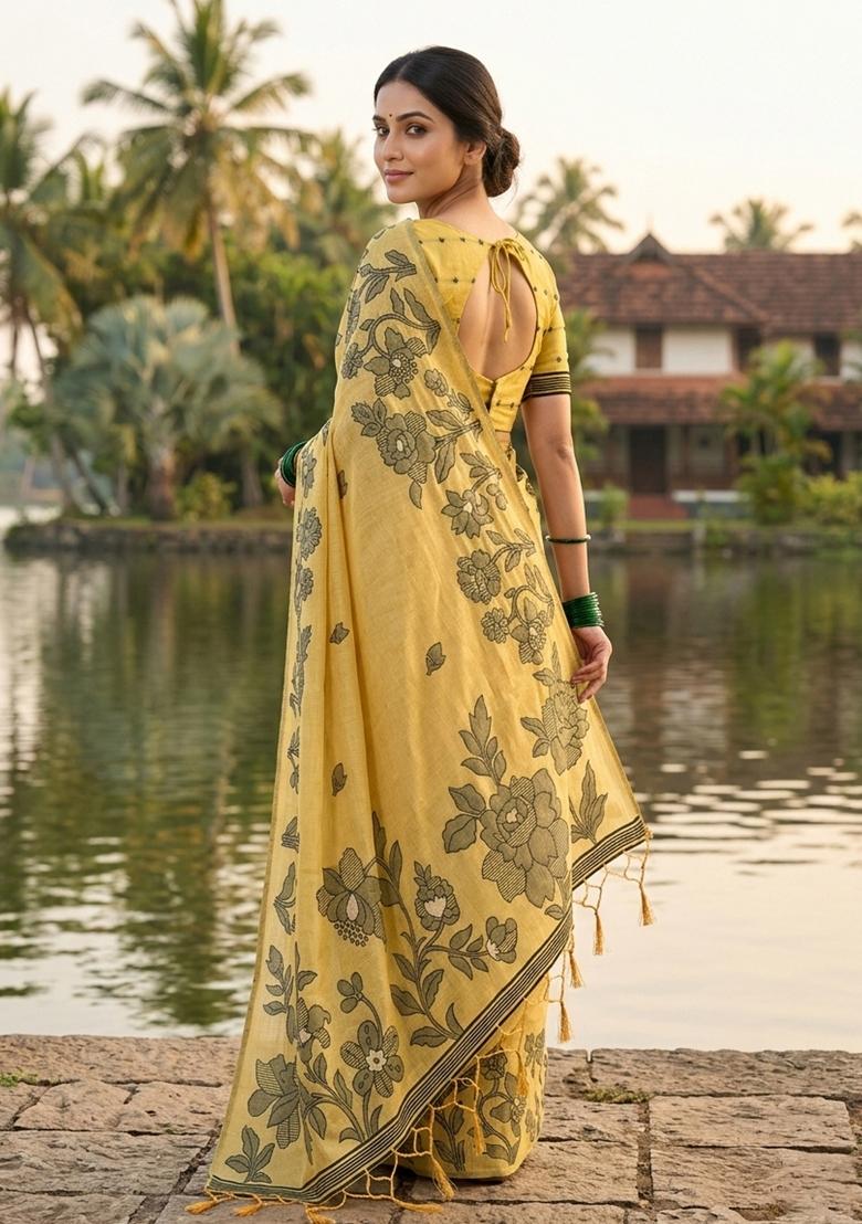 Yellow Floral Print Linen Saree Set - Indya