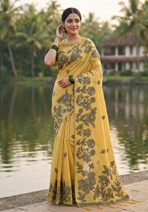 Yellow Floral Print Linen Saree Set