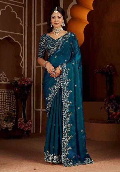 Green Solid Satin Saree Set