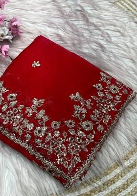 Red Embroidery Chiffon Saree Set