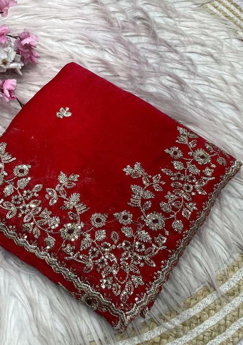 Red Chiffon Saree Set with Embroidery for Diwali | Wedding & Festive Wear - Indya