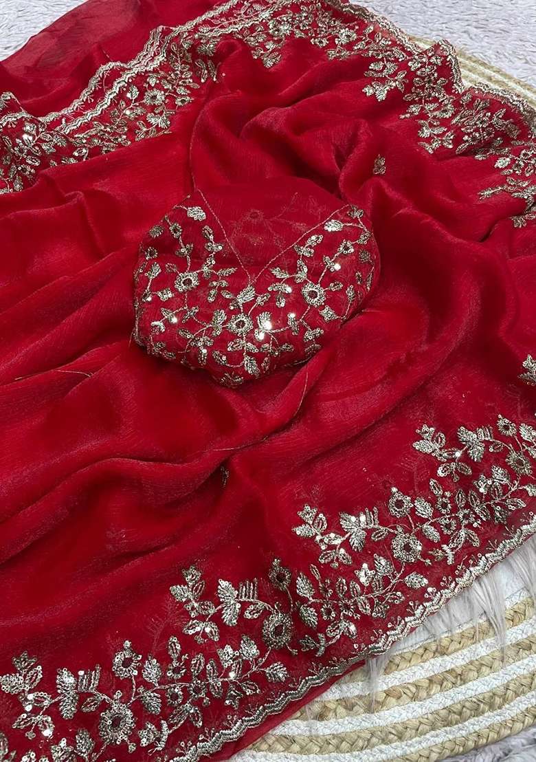 Red Chiffon Saree Set with Embroidery for Diwali | Wedding & Festive Wear - Indya